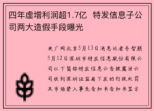 四年虚增利润超1.7亿 特发信息子公司两大造假手段曝光