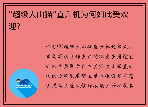 “超级大山猫“直升机为何如此受欢迎？