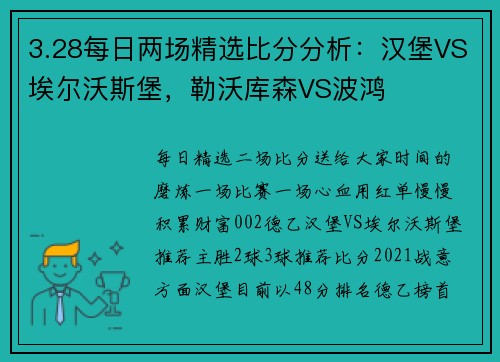 3.28每日两场精选比分分析:汉堡VS埃尔沃斯堡,勒沃库森VS波鸿