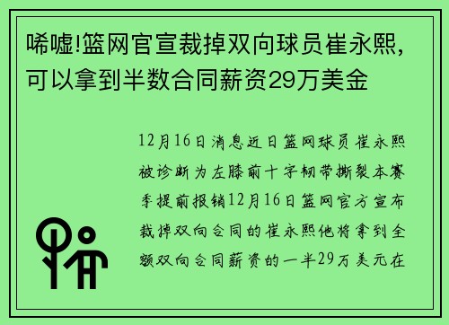 唏嘘!篮网官宣裁掉双向球员崔永熙,可以拿到半数合同薪资29万美金