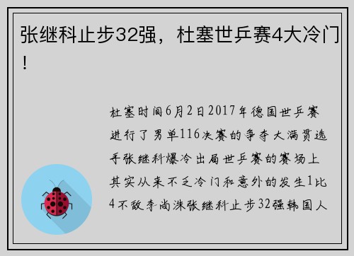 张继科止步32强,杜塞世乒赛4大冷门!