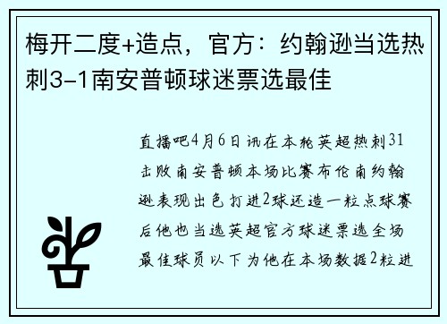 梅开二度+造点，官方：约翰逊当选热刺3-1南安普顿球迷票选最佳